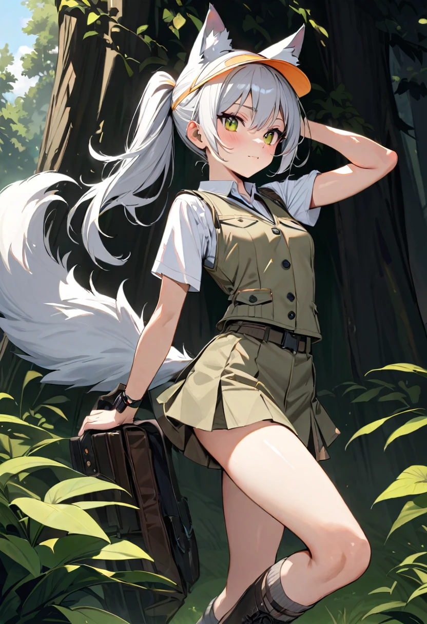 (masterpiece, best quality), (ultra highres, ultra-detailed) ,(,cute,silver hair,ponytail,wolf ear,sun visor, groves,middle small breasts,white and khaki vest,mini skirt,wolf tail,khaki knee high socks,platform boots),