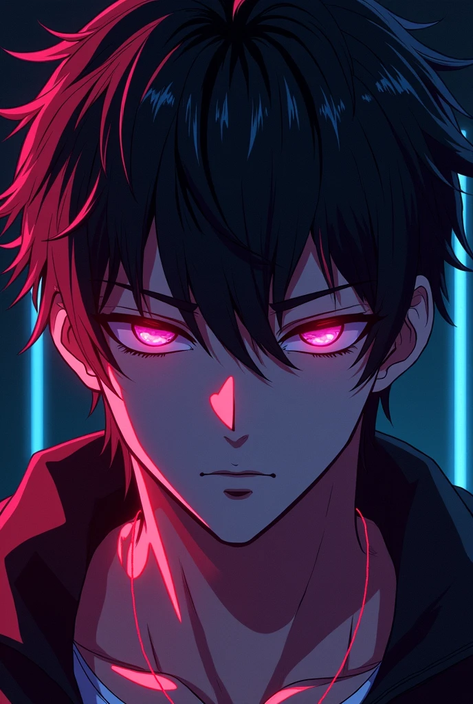 Anime male character face with neon lighting with Black background 