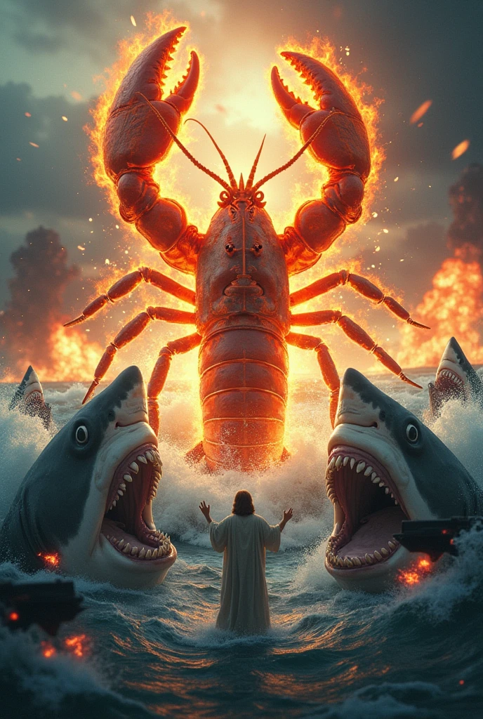 Lobster on fire vs Jesus Christ in an epic fight over the ocean full of epic sharks with epic machine guns and epic explosions in the background