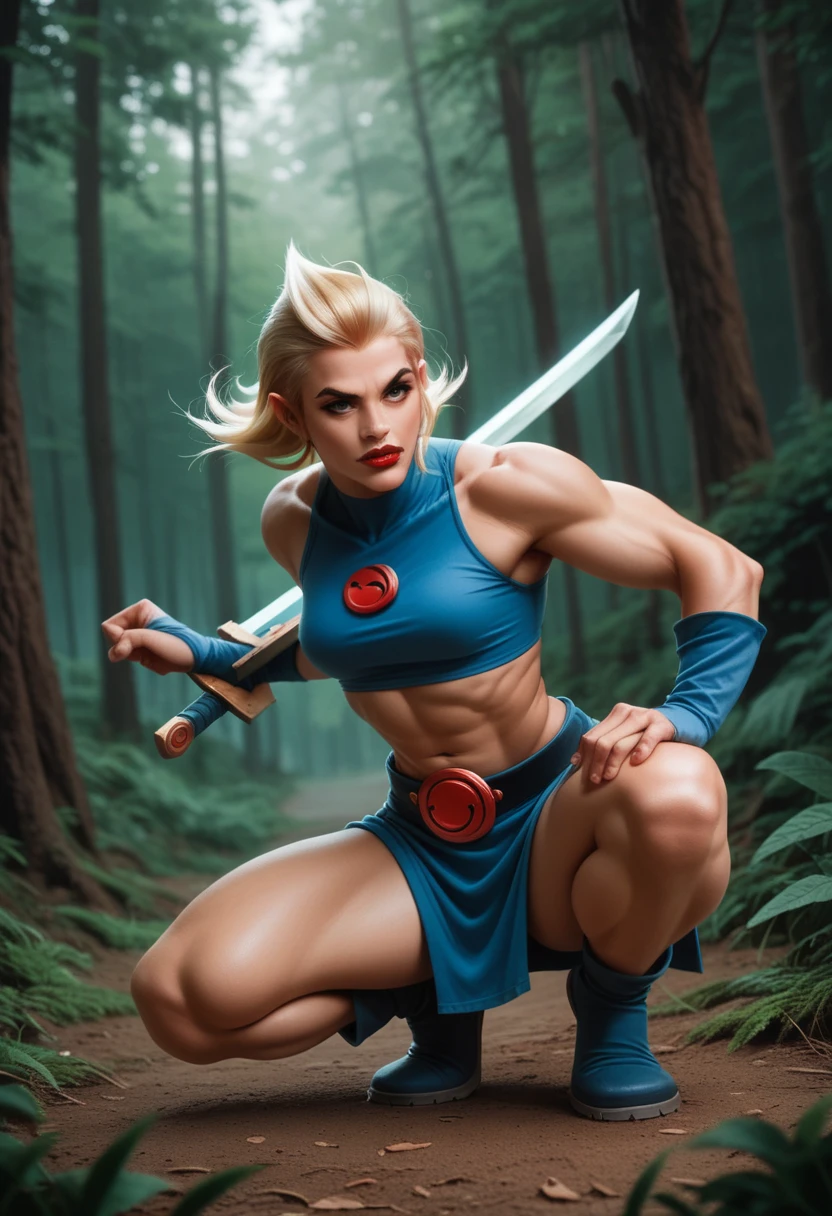 cheetarahot, red lips, Blonde, squat, in a forest, dynamic pose, holding the sword of omen from Thundercats