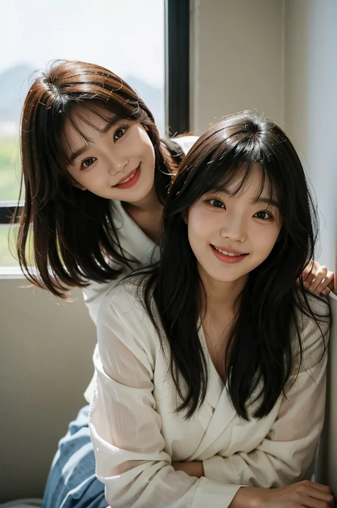 There is a woman smiling and looking out the window., Cute Korean Actresses, Larisa Manovar, sakimichan, San Yun-ju, A shy smile, With bangs, Happy smile, Inspired by Kim Jung Hee, A shy smile, One adorable Korean face, Bae Suzy, Lee Ji-eun, Lee Ji-eun, Cute Smile
