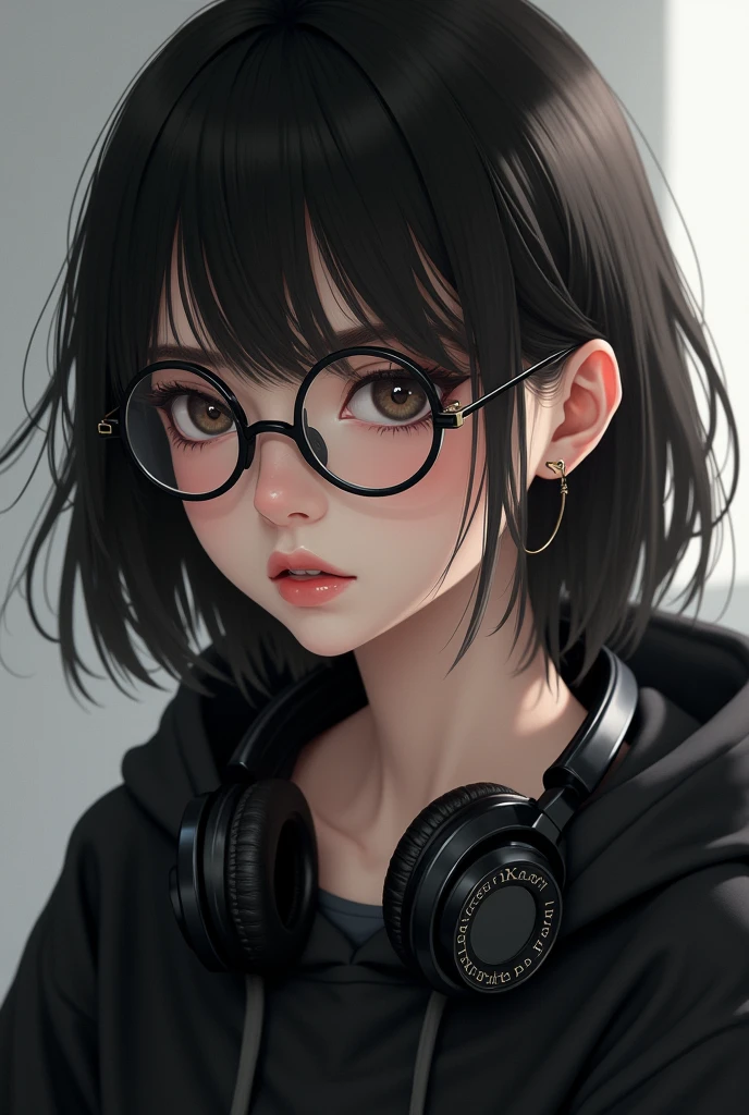 Realism female with medium short black hair, mole on right eye, wearing glasses, black hoodie and headphone
