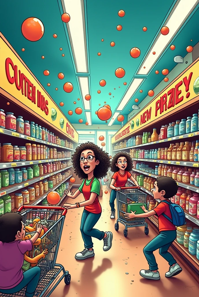 Create a vibrant, cartoon-style image of a supermarket. The scene is filled with funny cartoon characters: shoppers fighting over products, shopping carts flying around, and a confused cashier. The overall mood should be cheerful and hilarious, with visual details that bring out the comedic chaos of a cartoon supermarket