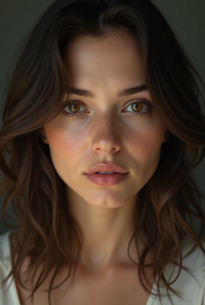 An American of , com olhos castanhos, who look tired, but at the same time you see a delicacy in them. Her hair is brown and medium length.. Your nose is thin, your face a little symmetrical, and her cheeks make her look healthy, she has thin and natural eyebrows. Doesn't wear any makeup.