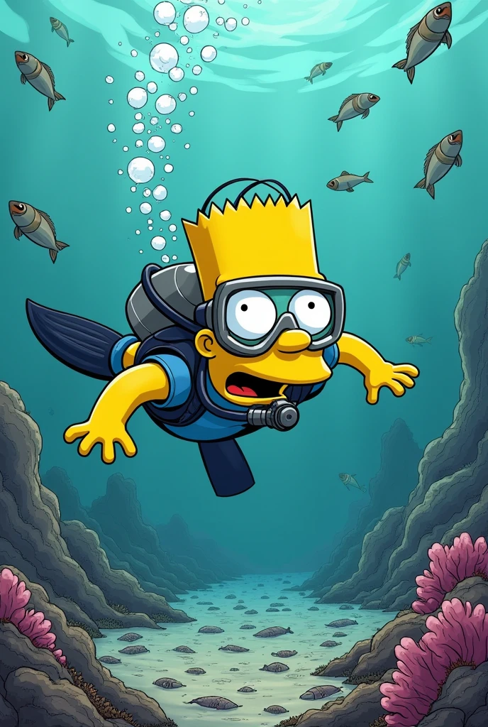 a simpsons style image in portrait ratio of a Simpson scuba diving in the sea looking shocked because all the fish and wildlife are dead and the coral is white and there's lots of plastic floating in the sea