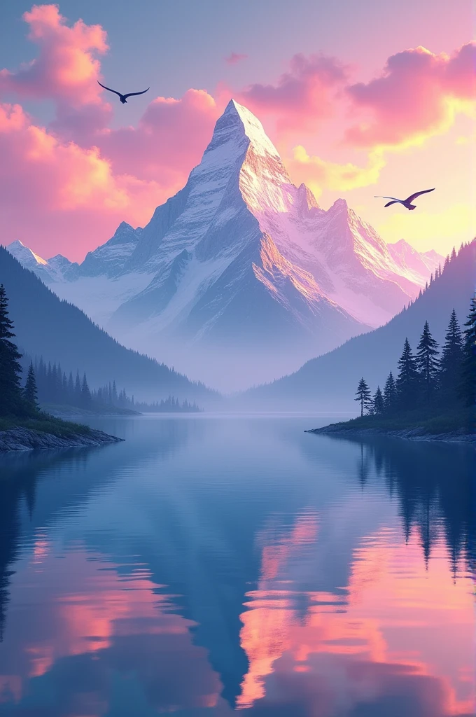 Generate in cinemaic 3D cartoon style Majestic Mountain Range at Sunrise: Imagine a mountain range with snow-capped peaks glowing under the first light of dawn, with a crystal-clear lake reflecting the mountains and a few birds flying across the pink and orange sky