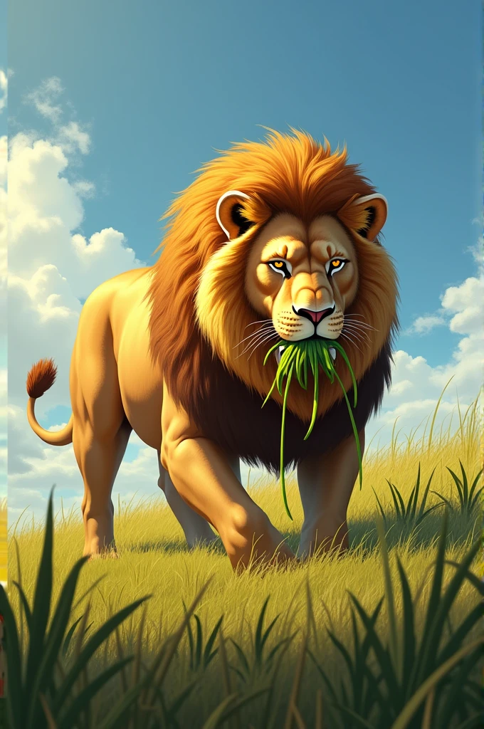 Lion is eating grass 