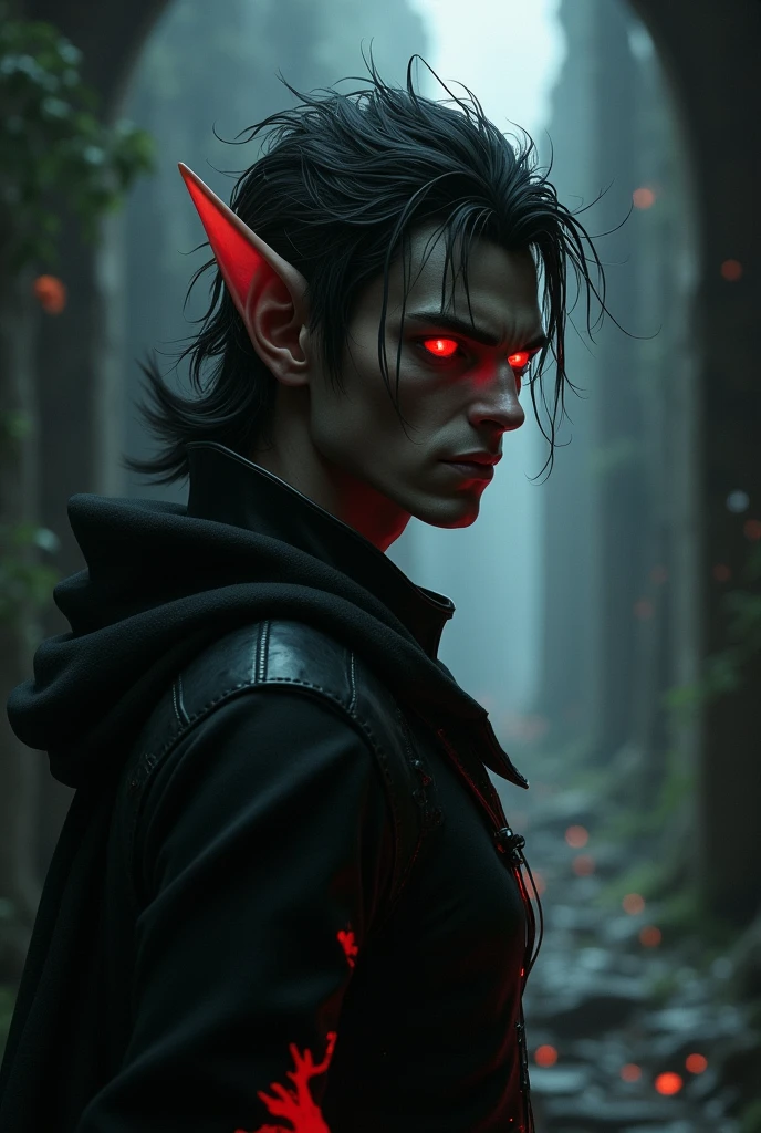 Generate an animalistic character with the following descriptions: naughty man, half-elf, powers of shadows, Eyes red