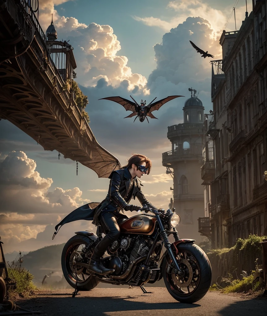 1male, elf-vampire, Gothic steampunk world, Motorbike in the sky, the motorbike more than twice as big as humans, airy, celestial, fluttering clouds, Aeroplane goggles, at the dawn, windy, The pocket watch stretches to the ground like a thread,