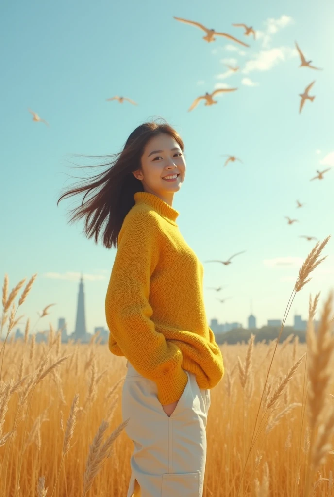 A cinematic view of an amazing lake located in the center of an enigmatic city. Beautiful Korean Girl, white skin well cared for face, a little fat, standing posing looking at the camera, smile, in the tall golden grass,,wearing a golden yellow knitted huddle,white cargo pants. under the bright blue sky hair swaying gently in the wind, emits bright and soft light and creates a dazzling bright glow. A flock of birds soaring high in the sky, add atmosphere. This image is characterized by volumetric lighting combined with a realistic photo peach color scheme.