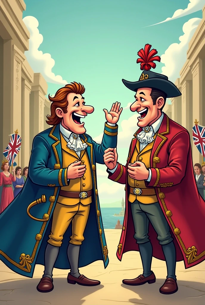 Personified Spain and great Britain empires crying of joy in cartoon style