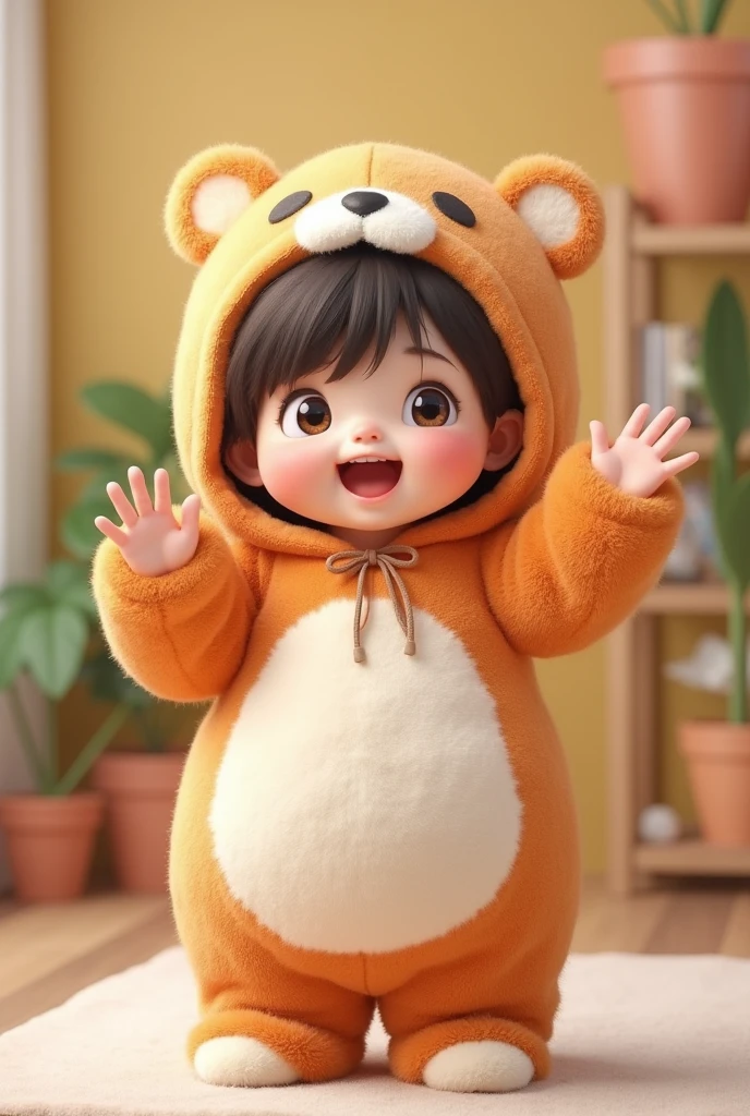 (girl),(()) ,3d images ,Highest quality 8K ,Chubby body shape,((Very fat)),Pink cheeks,podgy,Good mood, very happy,Gym is good,((Raise your hand to greet)),Put on a stuffed animal costume,Balanced lighting,blurred background,Middle of the picture