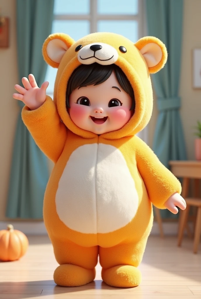(girl),(()) ,3d images ,Highest quality 8K ,Chubby body shape,((Very fat)),Pink cheeks,podgy,Good mood, very happy,Gym is good,((Raise your hand to greet)),Put on a stuffed animal costume,Balanced lighting,blurred background,Middle of the picture
