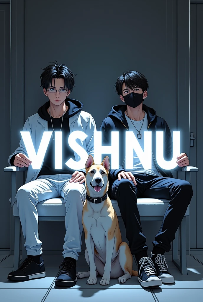 Create a striking anime-style artwork featuring a 2 boy sitting in a bright White and black chair, in front of a dark gray and black wall. The boy is holding a 3D white and black lit-up ‘VISHNU’ name sign in his hand, and is dressed in white and black clothing, complete with sunglasses and a face mask. A loyal dog sits beside him, also illuminated in white and black lighting, creating a futuristic and edgy atmosphere.”