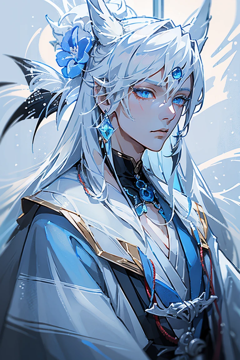 1 men ，(close-up of the upper body)，(Detailed facial details:1.2, beautiful eyes, White hair、and blue eyes)、Anime character with blue cape, cute outfits, heise jinyao, sylas, Detailed art of Onmyoji, retrato de onmyoji, offcial art, Paint Splatter Art