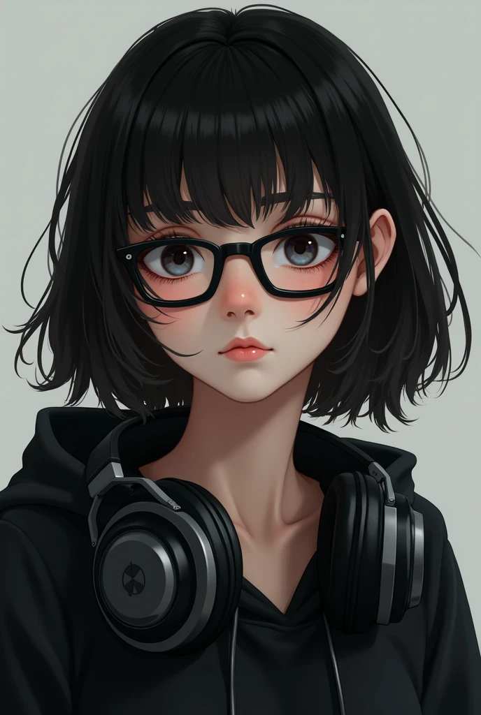 Realism female with medium short black hair, mole on right eye, wearing glasses, black hoodie and headphone