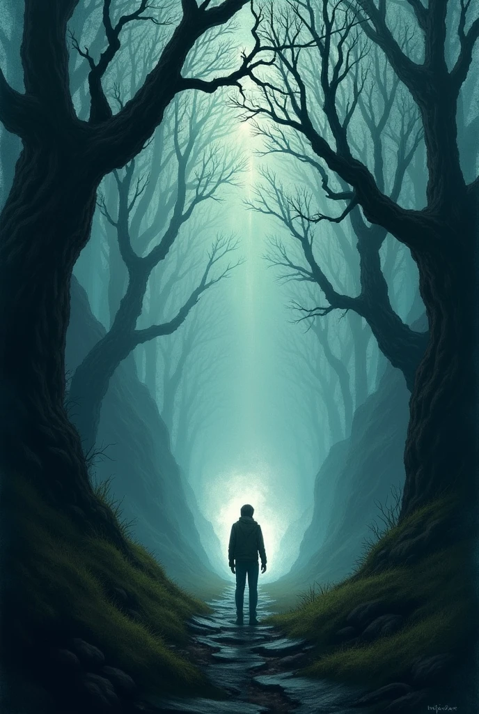 A dark valley with trees and all the lighting being dark and a man waking in the middle of it and him being the only light on an acuarela style 