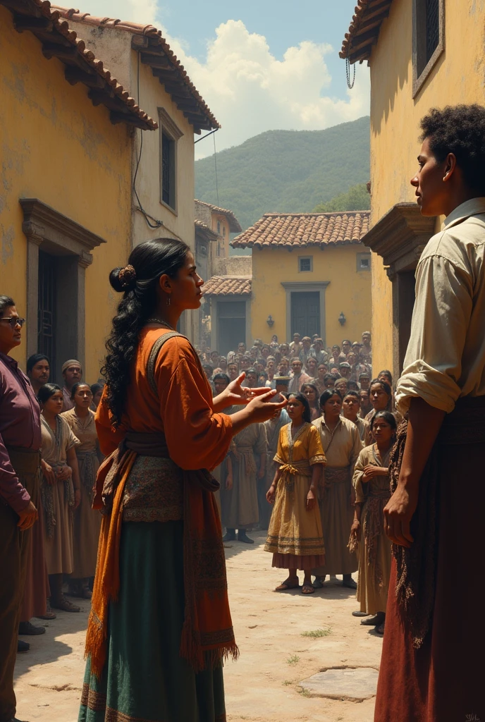 Micaela Bastidas speaking in a square to a few people and an exploited Indian woman , from colonial times