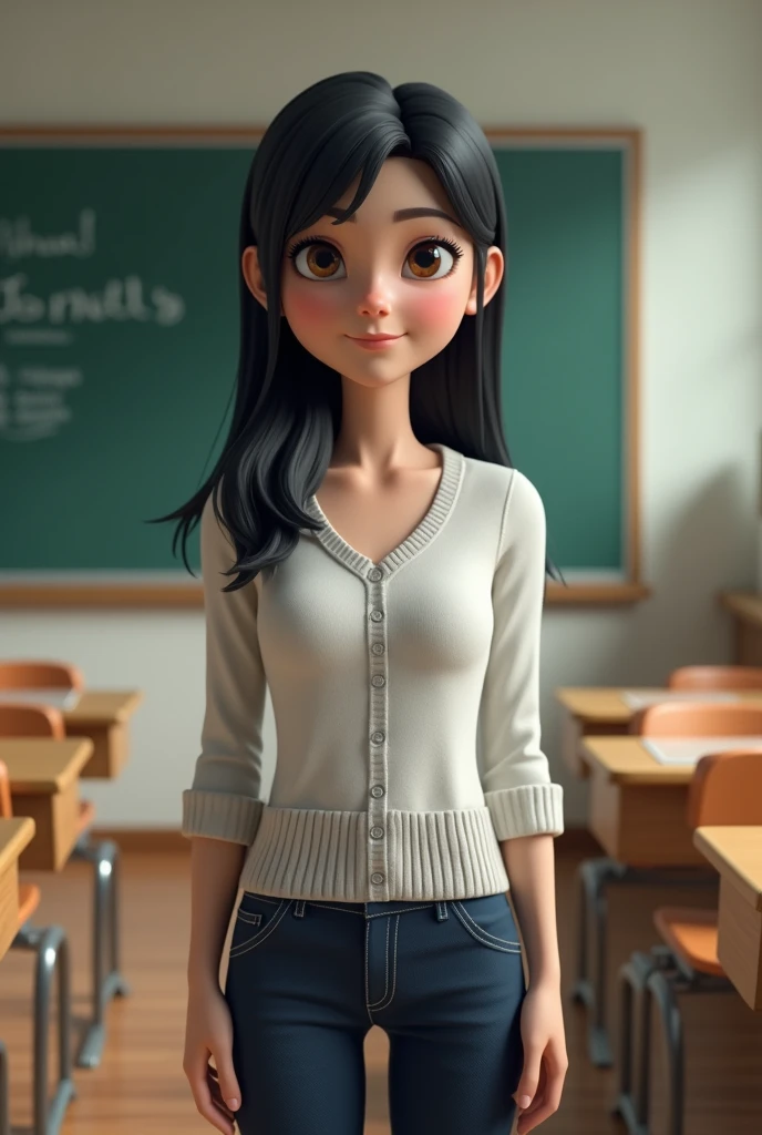 Image of a teacher with straight black hair, dark brown eye, White skin, with white flannel and dark blue pants. In a classroom and the name Isnelly is written on the blackboard, estilo 3d 