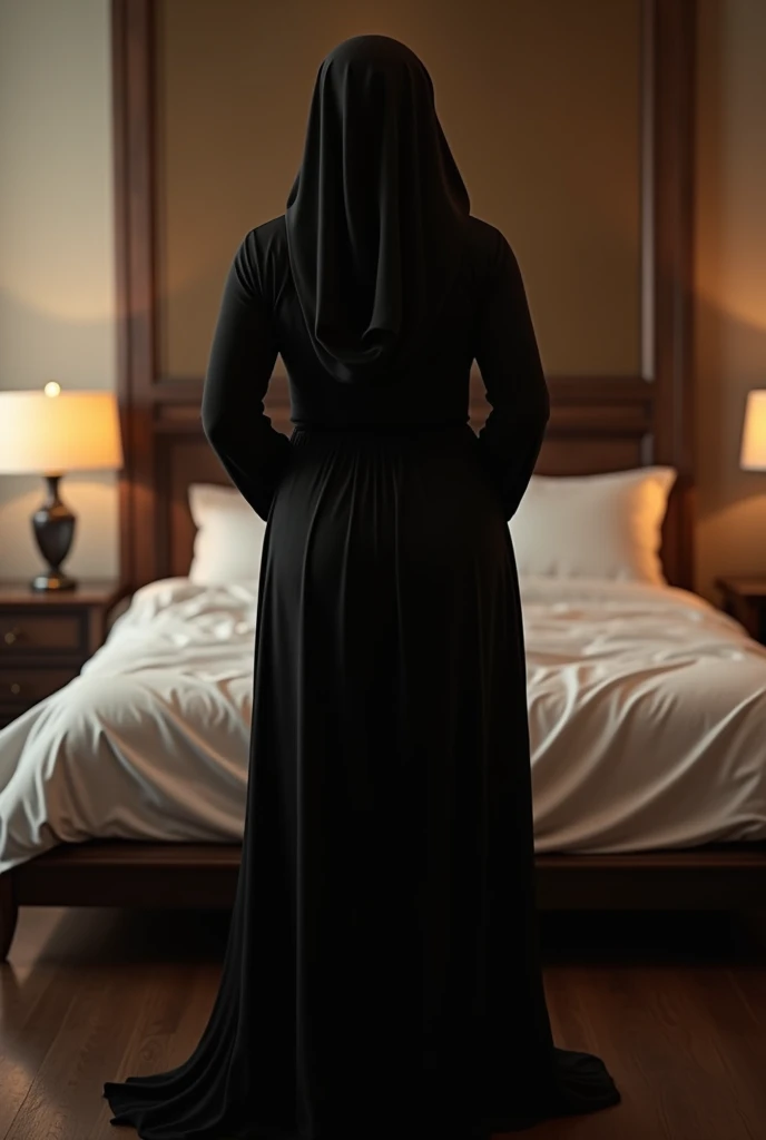 Curvy girl pakistani black abaya lusty going on shoft bed before sex full body back hips view standing
