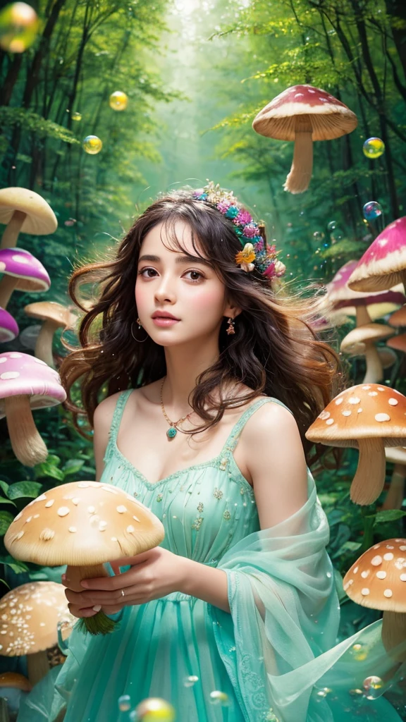 Nahida (masterpiece), (highest quality), (Super detailed),(Disheveled Hair),(figure), (One girl), Beautiful fine details,Delicate and beautiful face,floating,(High chroma),(Colorful splashes),Colorful Bubbles,(The Shining),Focus on the face, Walking through a forest filled with colorful mushrooms