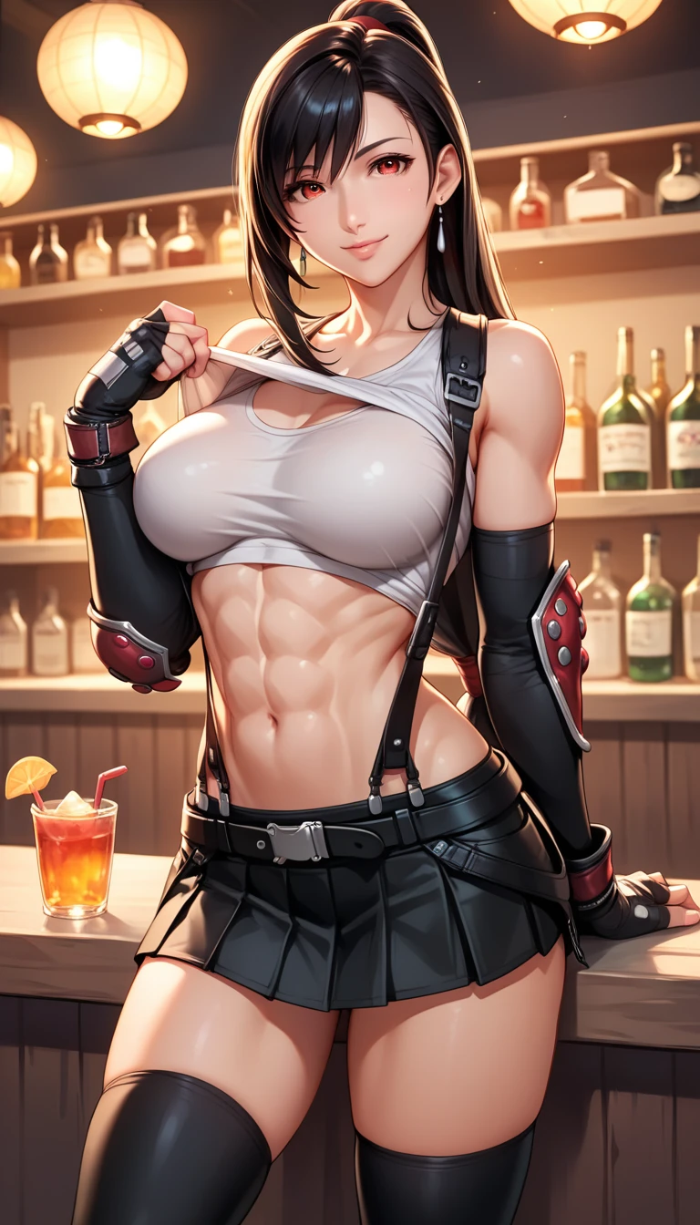 Izayoi Seishin artstyle, (score_9, score_8_up, score_7_up), (best quality, masterpiece),perfect anatomy,(aesthetic,very aesthetic),official style, (ultra-high resolution), 1girl, tifa lockhart, final fantasy,(beautiful woman).tareme, black hair, low-tied long hair, red eyes, bangs, white tank top,gap, belt, pleated skirt, thighhighs, elbow fingerless gloves, elbow pads, midriff, navel,suspender skirt.zettai ryouiki ,(front view),straight-on,(large_breasts:1.2),Solo,mediumshot,looking_at_viewer,contrapposto, vibrant, joyful,cafe and bar, ,Framin,(,tanktop lift), abs  ponytail short hair