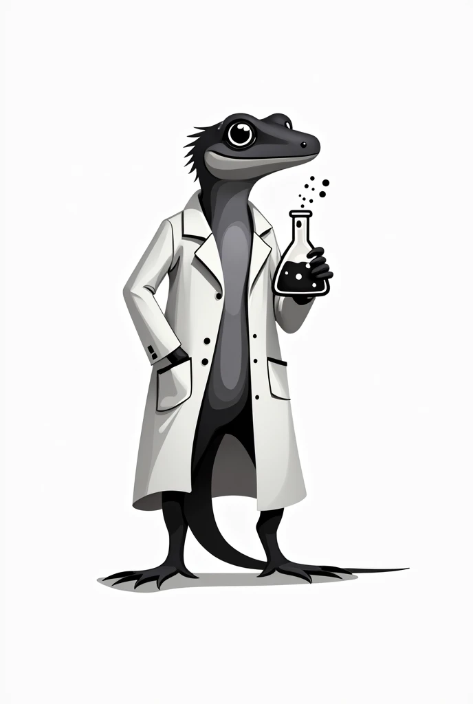 black and white logo of a salamander wearing a chemist jacket and holding a scientist flask