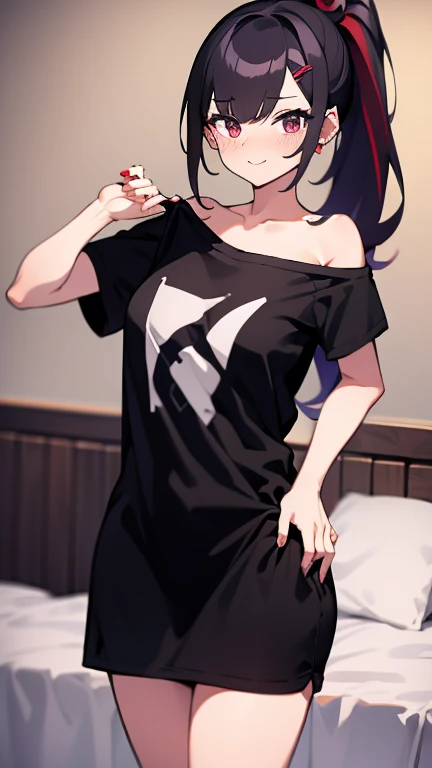 High tail hairstyle, two Ponytail hairstyle, Ponytail hairstyle, Long wavy black hair, standing posando, anime girl style, pixel art anime style,penetrating look with deep eyes,red and purple eyes, hair with a ponytail hairstyle trapped with a big red bun, women, red hair clips, x color shaped hair clips , smiling face blush, next to his bed, Black hair, thighs grandes, NSFW, from below, neckline, looking at the viewer, lascivious smile, ((oversized t-shirt)), off the shoulders, without pants, washing machines, thighs, ((White T-shirt)), standing, hands on the hips,