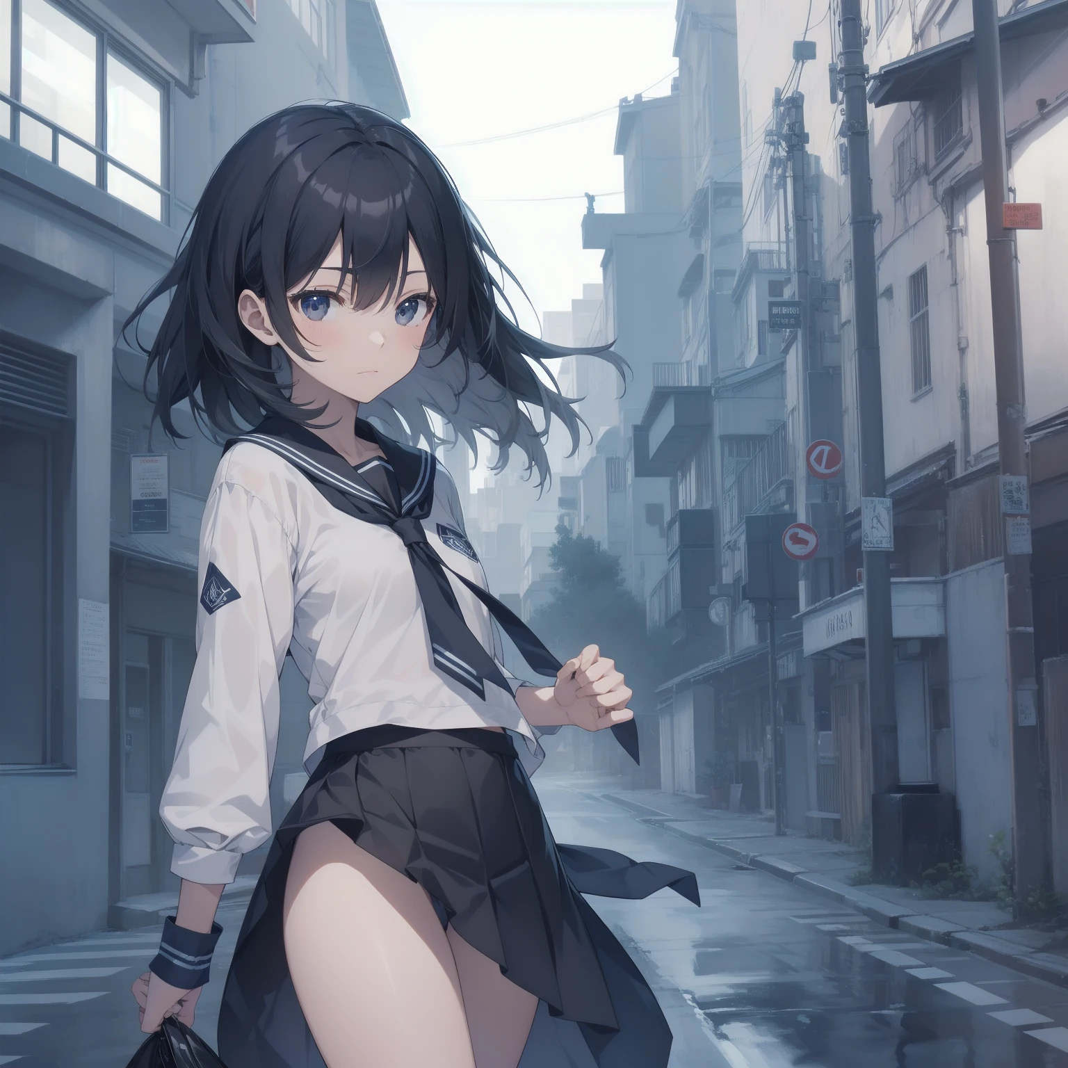 ultra-absurdres-Top quality by artist God, ultra-detailed, high resolution, anime moe artstyle, best anime 8k konachan wallpaper, pixiv contest winner, pool:2810, perfect anatomy,break, 1girl, (Please draw a girl walking sleepily to school alone. )break,(Solo,little female,:1.3),Full limbs, ,a junior high school student, (very short hair), short cut, flat chest, , small butt, small black eyes, beautiful detailed eyes, well-proportioned iris and pupils, expressive eyes, highres detailed hair, soft expression, salor school_uniform, sailor collar, serahuku, bow, pleated skirt,(Detailed Lighting), (Detailed background), in the School commute route. break,super detailed skin, Best cinematic lighting powered by famous artist, 8k,beauty illustration,photoshop_(medium),very aesthetic,break,((artist:merunyaa )), artist:clamp ,artist:carnelian ,artist:kantoku ,