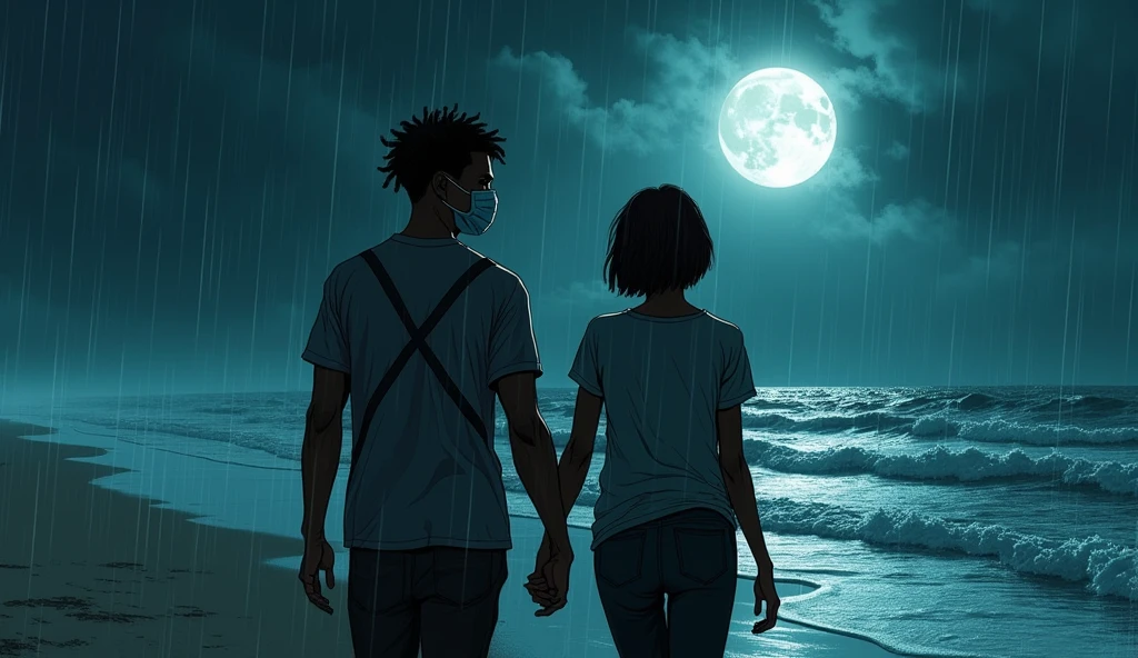 A young black man with his hair shaved on the sides and curled on top, thick eyebrows,wearing a mask with a "X" drawn on it, walking with a girl,black woman with short hair, walking along the beach, at night while it rains, we can see a square moon in the sky, and its brightness reflecting in the sea water, o casa caminha apaiXonadamente.in drawing