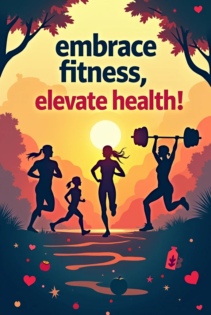 Slogan: "Embrace Fitness, Elevate Health!"
Poster Idea:
Background: A vibrant and energetic scene, perhaps a sunrise over a park or gym, symbolizing a new day and new opportunities.
Central Image: Silhouettes of people engaging in various fitness activities like running, yoga, and weightlifting.
Text Placement: The slogan can be in bold, dynamic font at the top, with "Embrace Fitness" in one color (e.g., a lively green) and "Elevate Health" in another (e.g., a calming blue) to represent the balance between physical activity and overall well-being.
Additional Elements: Incorporate icons or smaller images of fruits, water bottles, and hearts to reinforce the message of health and fitness.