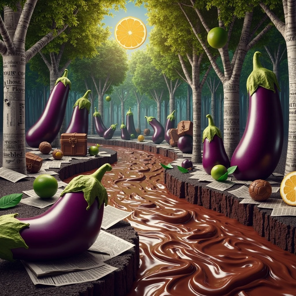 Imagine a forest where the trees are eggplants, Its leaves are newspaper, the sun is a slice of lemon, The floor is made of chocolate and the water in the stream is made of liquid metal.