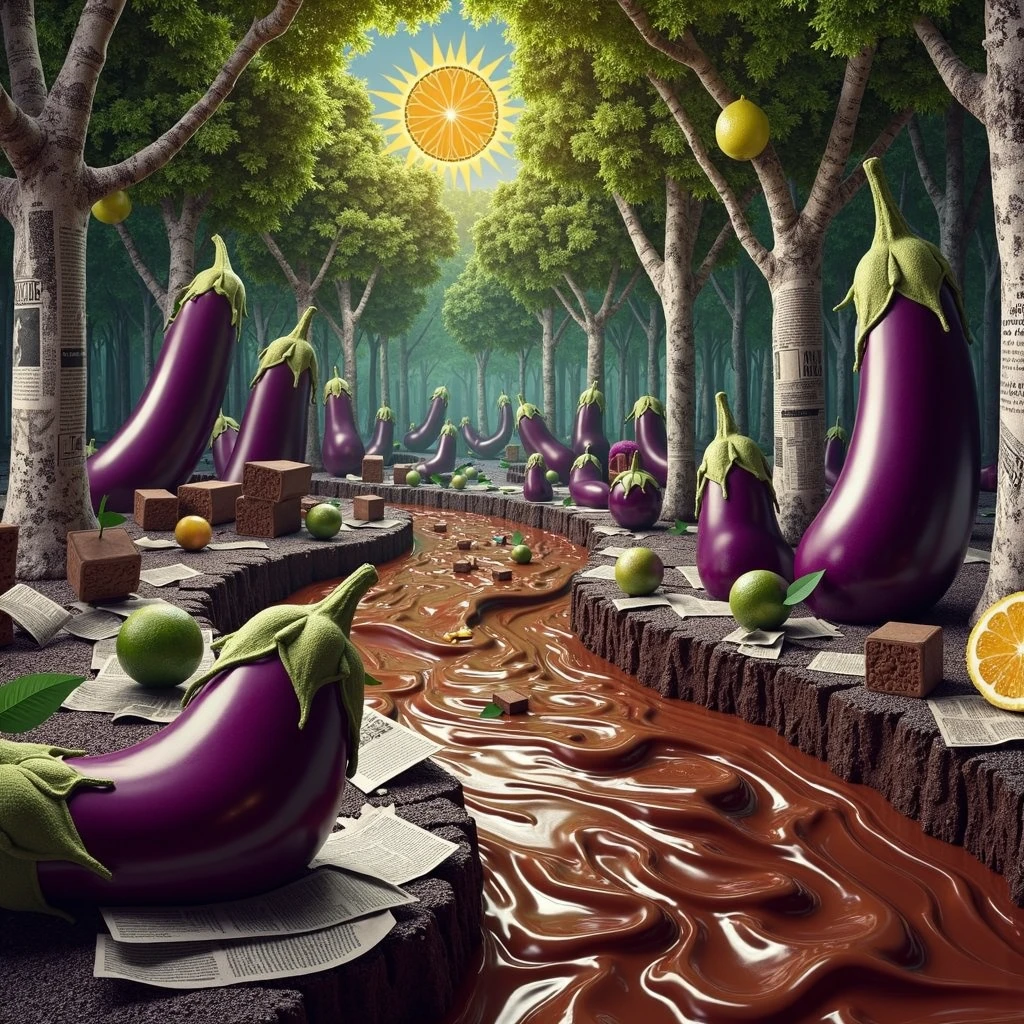 Imagine a forest where the trees are eggplants, Its leaves are newspaper, the sun is a slice of lemon, The floor is made of chocolate and the water in the stream is made of liquid metal.