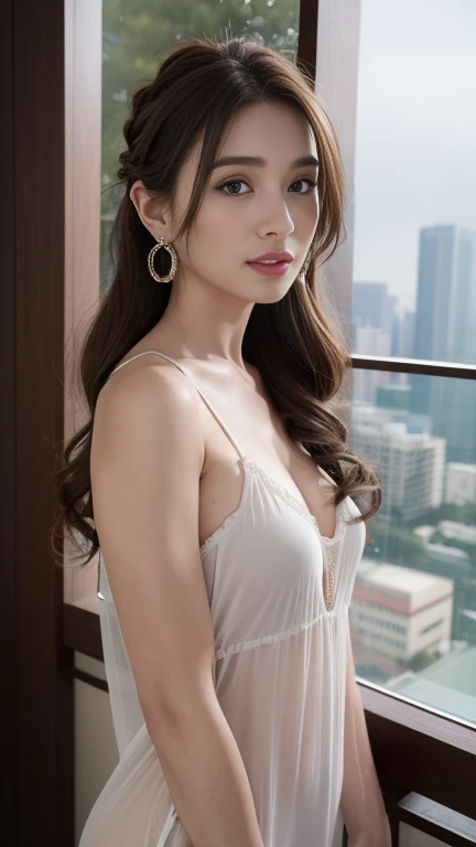 (best quality,4k,8k,highres,masterpiece:1.2),ultra-detailed,(realistic,photorealistic,photo-realistic:1.37), HDR,UHD,studio lighting,sharp focus,physically-based rendering,extreme detail description,professional,vivid colors,bokeh, portraits, dynamic posing, luxurious outdoor balcony, overlooking the cityscape, afternoon time, Slender, Light brown hair, small breasts, wearing a very loose night gown, Earrings, (((Trendy hairstyles)))