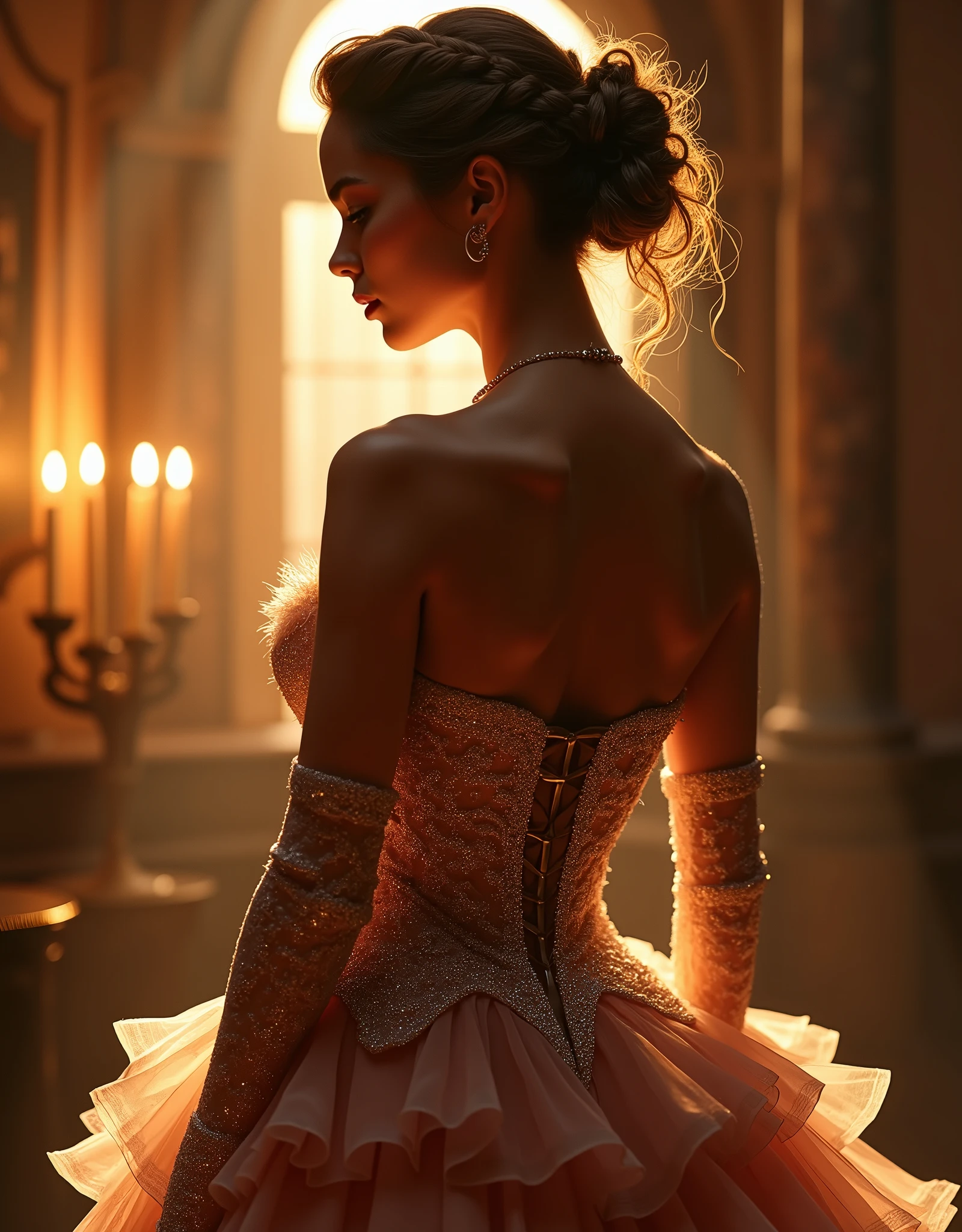 light brown hair, chignon, French braid on top of hair, hair falling down back, long hair, big tits, huge tits, massive tits, even bigger tits, frilly dress, framed cleavage, shiny dress, sparkly dress, glittery dress, hoop earrings, big thighs, massive thighs, tiny waist, small waist, cinched waist dress, opera gloves, evening gloves,(((skin tight gloves))), (((Big smile))), , corset, latex maid, warm lightning, frilly skirt, layered skirt, billowing skirt, ((full body)), from behind