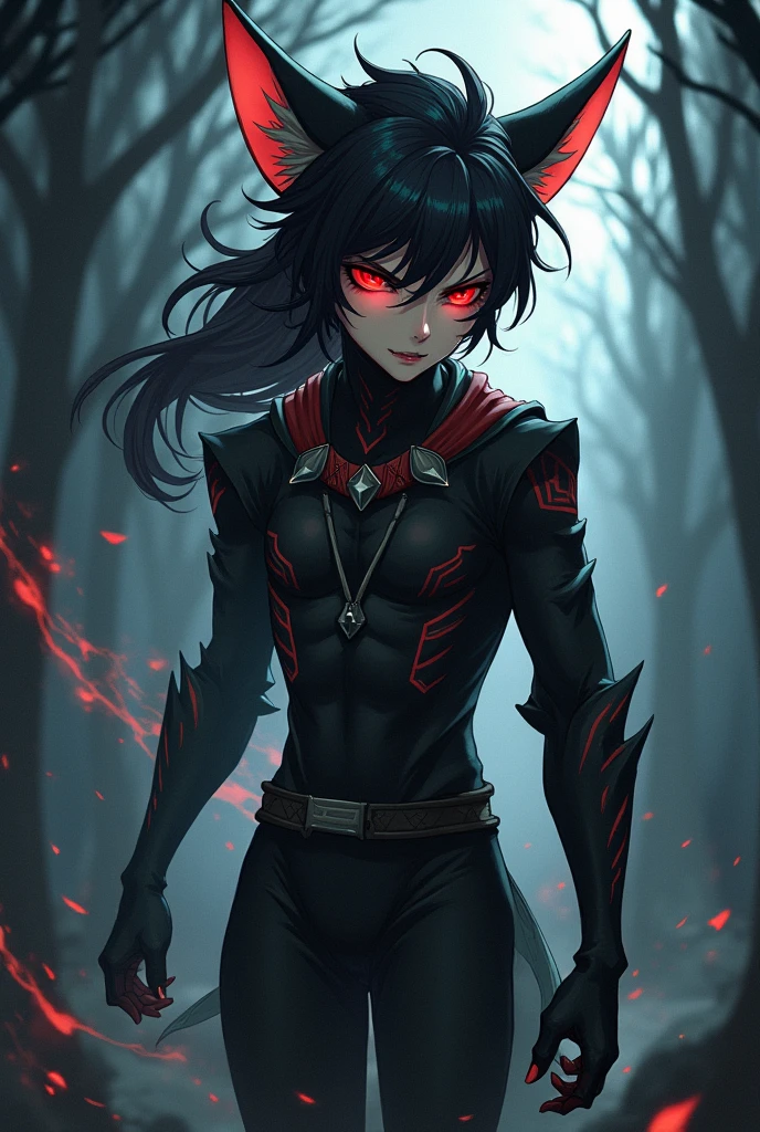 Generate an animalistic character with the following descriptions: naughty man, half-elf, powers of shadows, Eyes red, generates with an anime design