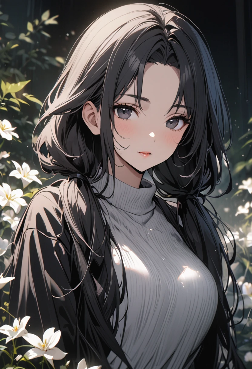 girl, mature, black eyes, black hair, long hair, white flower, beautiful eyes, beautiful color, high detail, low twin tails