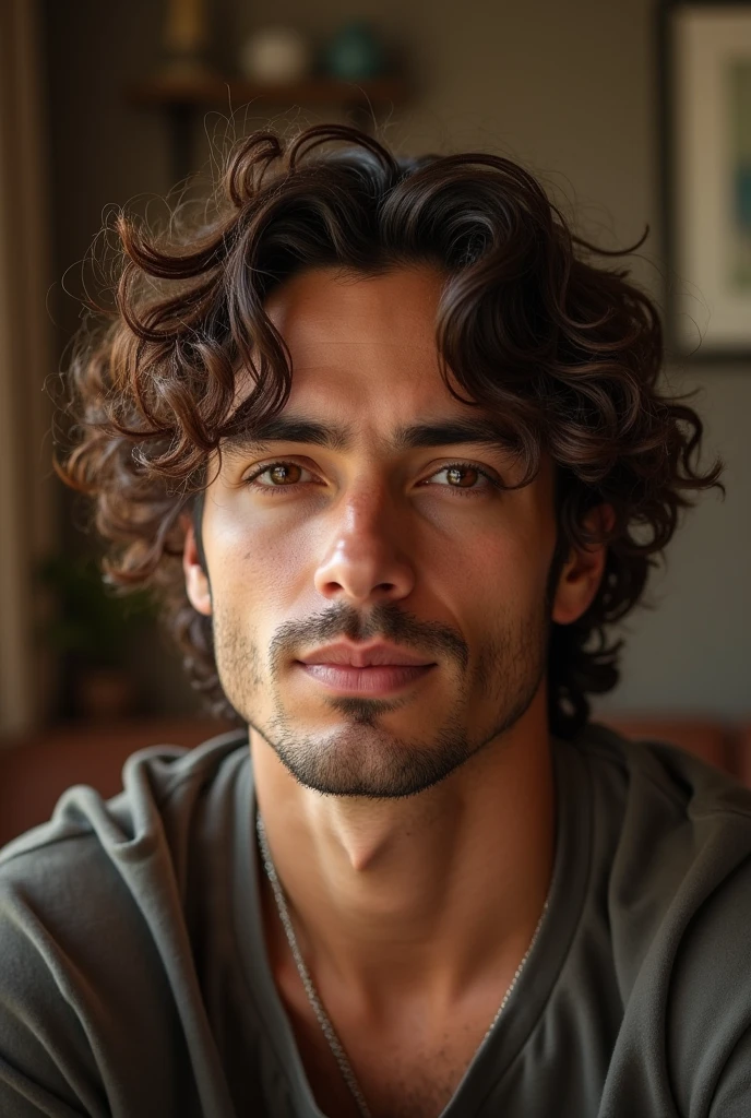 Brazilian white man, curly hair, Room