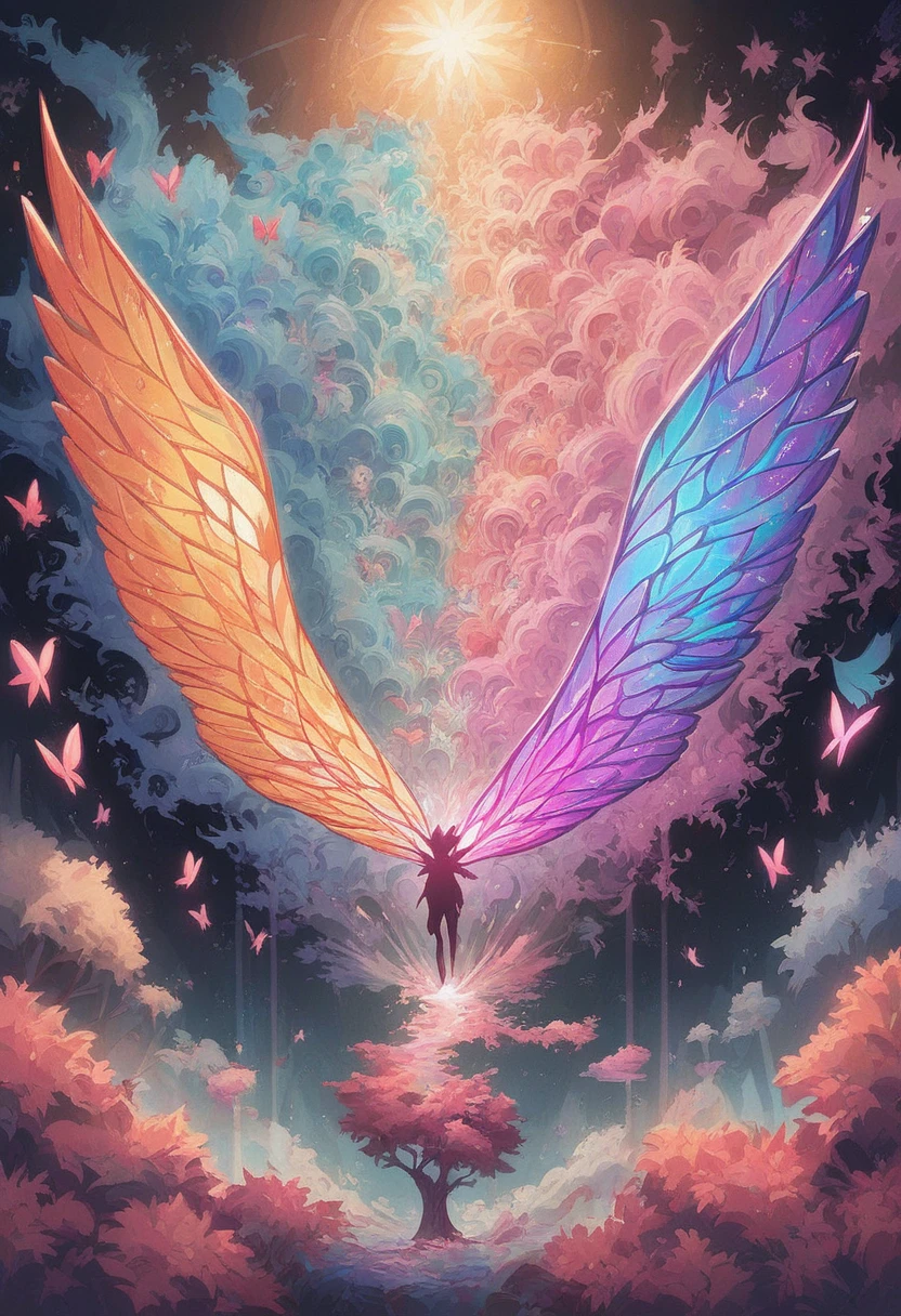 Pink and gold glittery background, a symmetrical illustration of a silhouette standing under a cherry blossom tree with large pink butterfly wings in the style of anime tarot card art in the style of colorful, colorful sparkles flying everywhere, a magical, dreamy glow effect, glowing lights, vibrant colors of pink, black, yellow, white, purple, red, orange, and blue. --ar 3:4