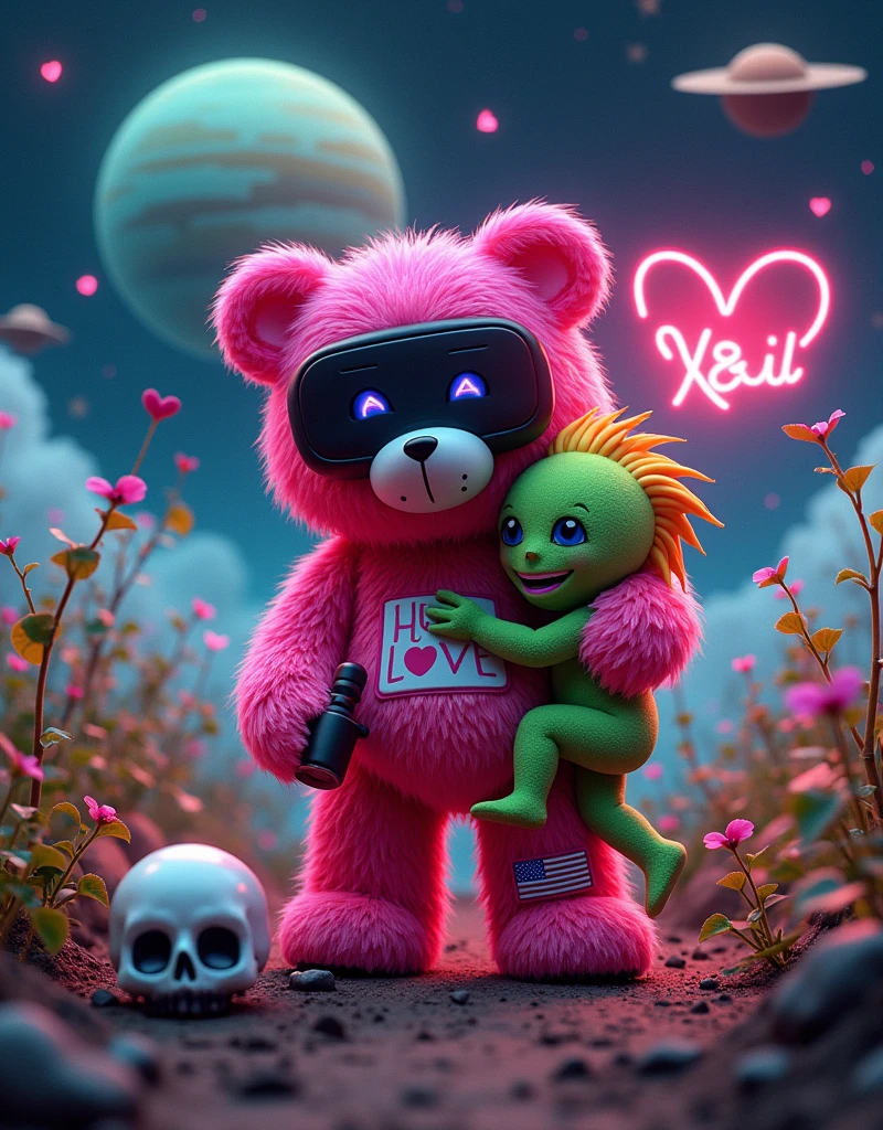 NFT Lo-Fi cool art in the style of beeple artist:: behind a space, bear on the mars and his friend green alien, and white skull is on the ground lying from the front side , watering the plants together,on the left hand is american flag patch only one hand and another one hand holding a rose holding a :: plant pot :: photo included UFO ship in the sky ::space skies and stars and giant saturn planet close up and falling star on the background :: of 1 toy full body with fashion grunge style toy bear, black mirror VR mask blue neon glow, pink fur, toy bear holding a thunfer flash light neon in the hand, hug ( neon glow my LOVE neon glow word :: ) with two eyes in a style in mood and happy smiling with teeth smile wearing a :: yellow:: red hair and a slash yellow glow on the bear, background with X and O game made of hearts, Glowing stars is flying in the air, neon glow heart inside of the heart is the word :: REAL LOVE :: word, 90's fashion font graffiti words:: hug LOVE::, hyper detailed 35 mm shot
