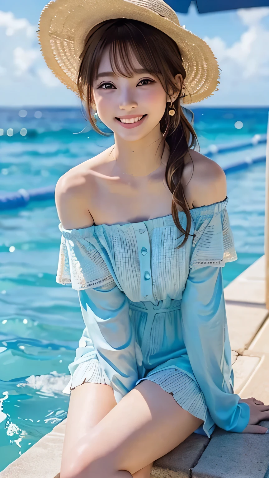 (Ultra high quality, DSLR shot, 8k, maximum quality, high resolution, best quality, highest resolution, very beautiful woman, perfect anatomy), light brown eyes, very light brown eyes, small diamond-shaped earrings, looking directly at the camera, beautiful brown hair, ((baby face, loose and cute medium ponytail)), very short and beautiful bangs on brown hair, beautiful 20-year-old, lip gloss, smiling very happily, very cute smile, upper teeth, beautiful teeth, (random summer beautiful ocean or pool horizon (background only)), slightly large eyes, small face, tall supermodel, beautifully shaped model, random cute pose, dynamic angle, focus on eyes, head tilt, very detailed and realistic, very beautiful 20-year-old, ((medium shot)), sharp jawline, cutout sleeve off-shoulder blouse, straw hat, deep waist curve, sexy legs, side view, smiling very joyfully, laughing, summer afternoon.