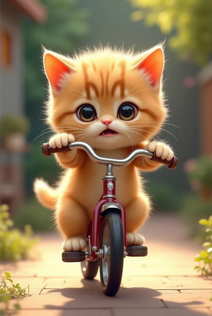 Excited but nervous,  kitten tried to ride bicycle, 