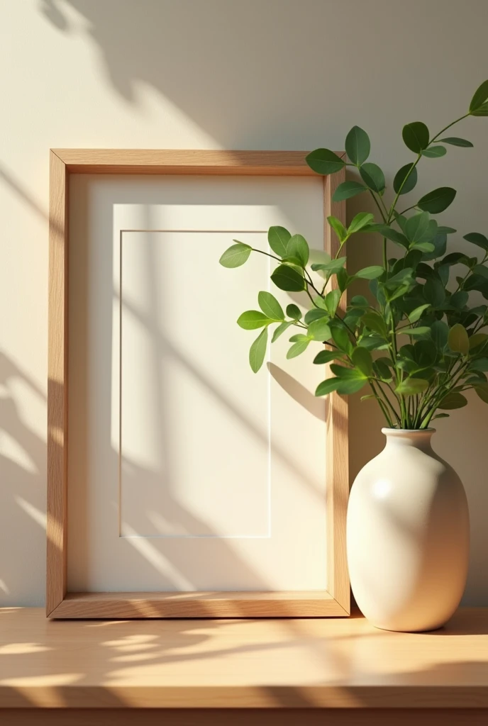 an empty picture frame on a night stand with a vase with greens, in a kids room