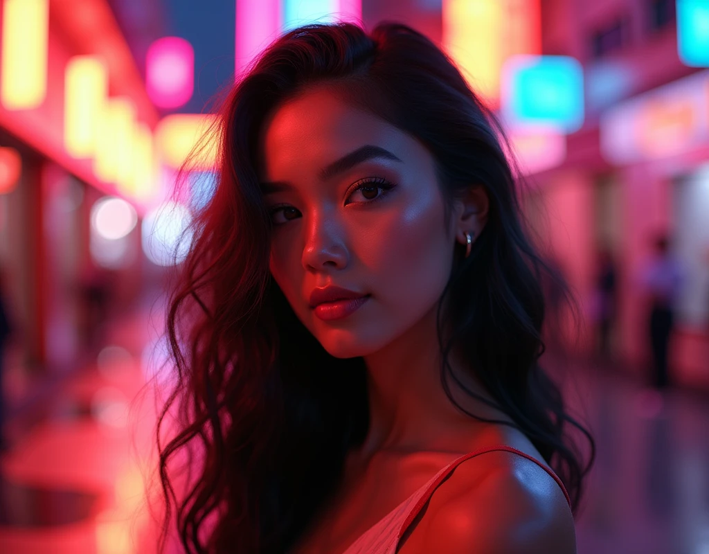 Hyper realistic Professional full body portrait, (1 girl:1.1) an incredibly beautiful, bright, long dark haired young woman,, Long curly hair, hyper detailed and perfect, detailed eyes, perfect face, dark makeup ultra detailed, extemly detailed and perfect face, face, neon background with cinematic photo,, Neon lights, sunset, reflective puddles, science fiction, 85mm photography, film, bokeh, Professional, 4k, highly detailed