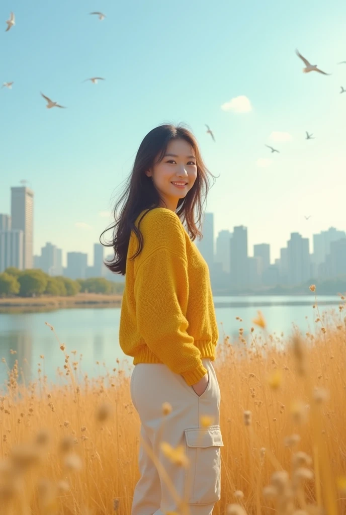 A cinematic view of an amazing lake located in the center of an enigmatic city. Beautiful Korean Girl, white skin well cared for face, a little fat, standing posing looking at the camera, smile, in the tall golden grass,,wearing a golden yellow knitted huddle,white cargo pants. under the bright blue sky hair swaying gently in the wind, emits bright and soft light and creates a dazzling bright glow. A flock of birds soaring high in the sky, add atmosphere. This image is characterized by volumetric lighting combined with a realistic photo peach color scheme.