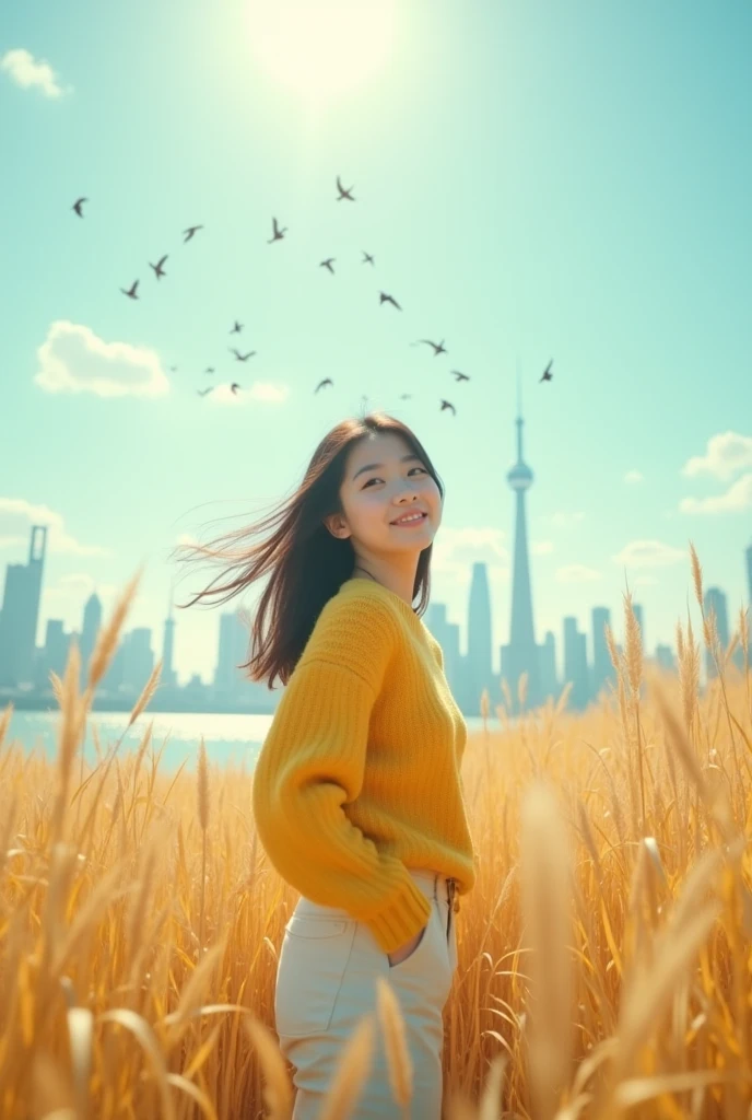 A cinematic view of an amazing lake located in the center of an enigmatic city. Beautiful Korean Girl, white skin well cared for face, a little fat, standing posing looking at the camera, smile, in the tall golden grass,,wearing a golden yellow knitted huddle,white cargo pants. under the bright blue sky hair swaying gently in the wind, emits bright and soft light and creates a dazzling bright glow. A flock of birds soaring high in the sky, add atmosphere. This image is characterized by volumetric lighting combined with a realistic photo peach color scheme. 