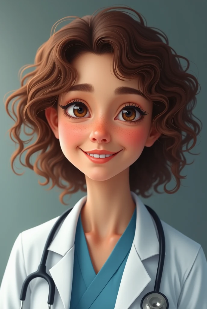 A doctor with curly hair, chestnut, White skin