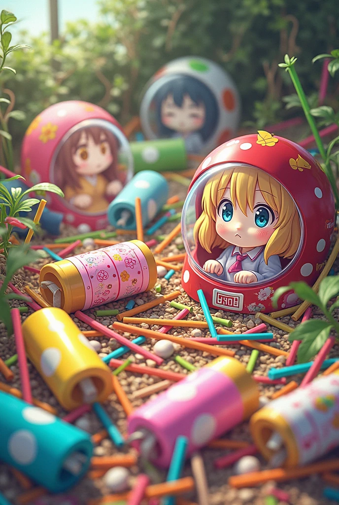 A floor filled with colorful gachapon toy capsuless. Some are open with anime characters peeking and some are closed. the floor has a nest like appearance with colorful straws and twigs and leaves.
