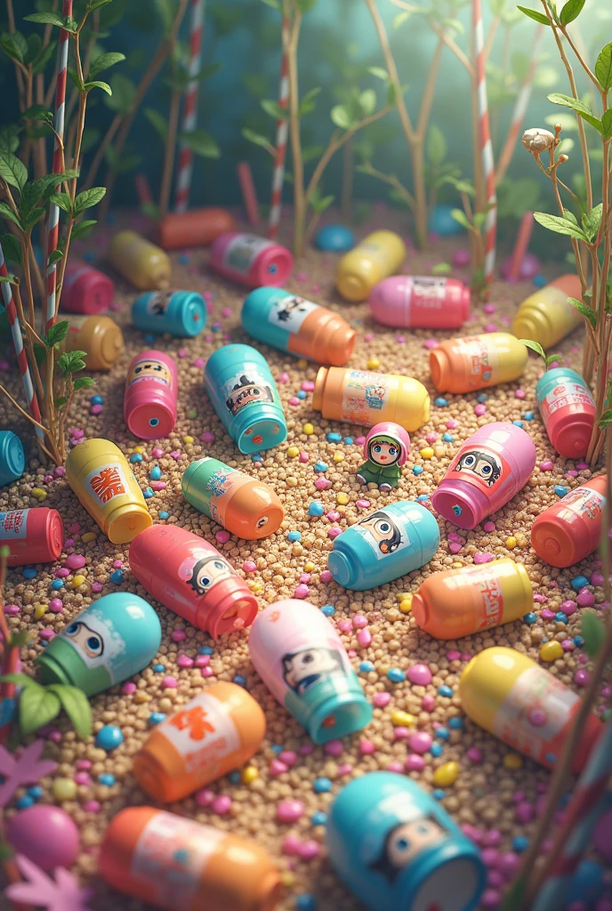 A floor filled with colorful gachapon toy capsuless. Some are open with anime characters peeking and some are closed. the floor has a nest like appearance with colorful straws and twigs and leaves.