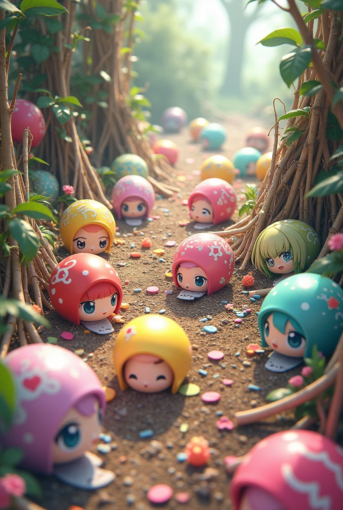 A floor filled with colorful gachapon toy capsuless. Some are open with anime characters peeking and some are closed. the floor has a nest like appearance with colorful straws and twigs and leaves.